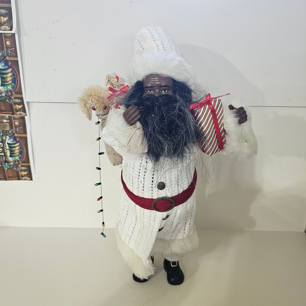 Black Santa Claus Figurine 18" White Knit Coat Burlap Toy Bag Holiday Decor